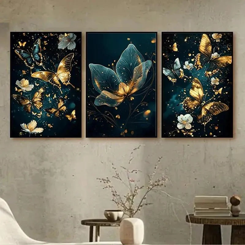 3-Piece Floral Wall Art Set Green MDF Frame Decor