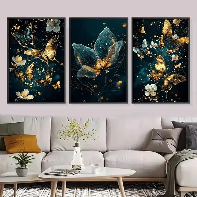 3-Piece Floral Wall Art Set Green MDF Frame Decor