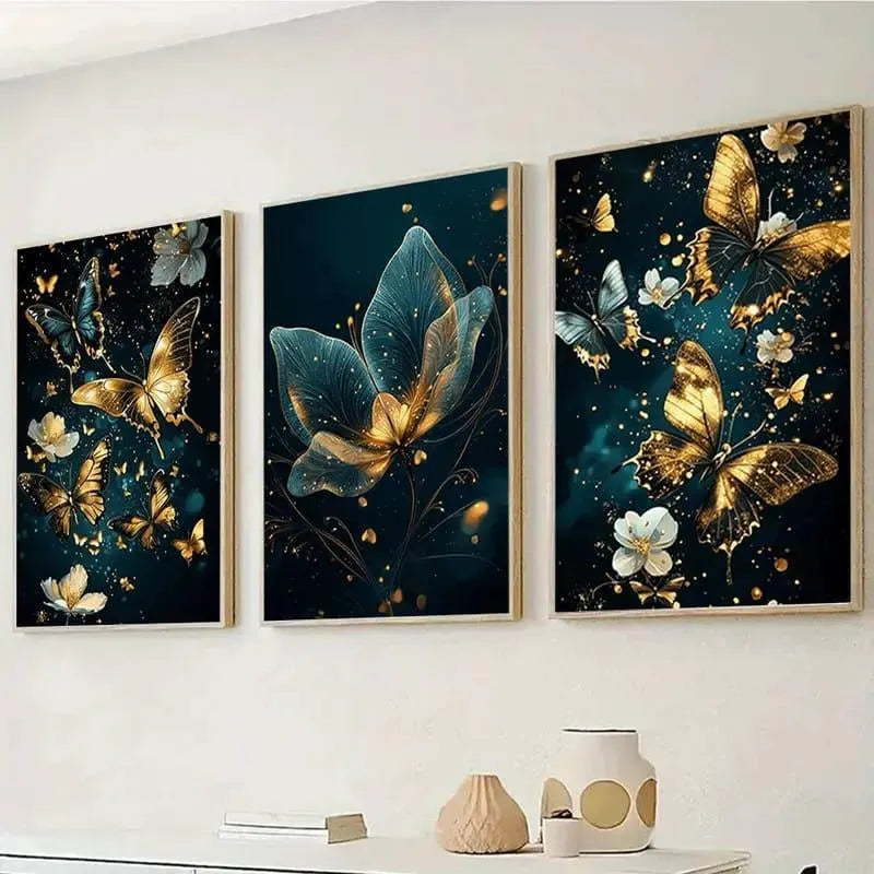 3-Piece Floral Wall Art Set Green MDF Frame Decor