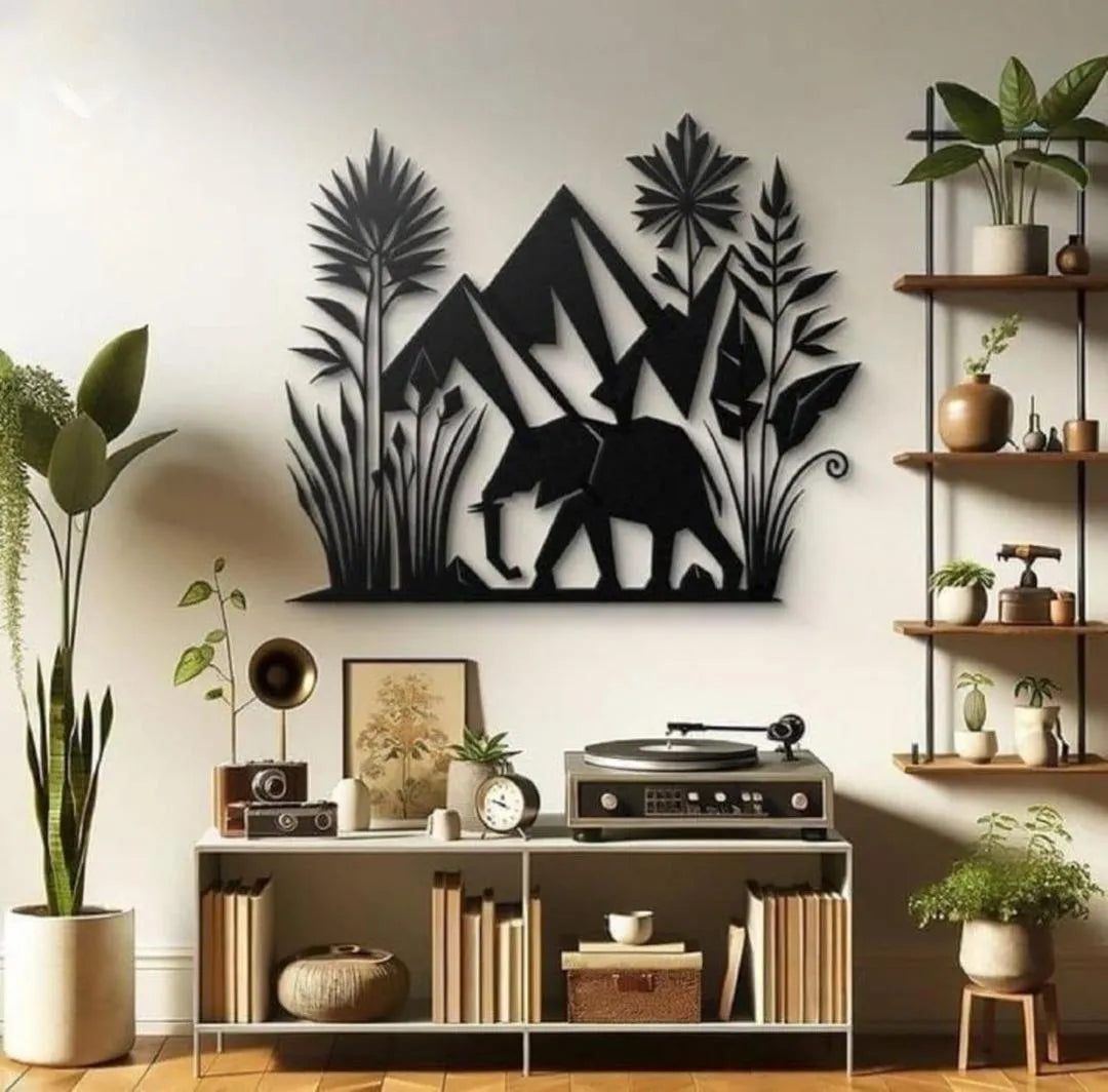 Forest Wall Art Wooden Decor Black Mountain Elephant 🐘