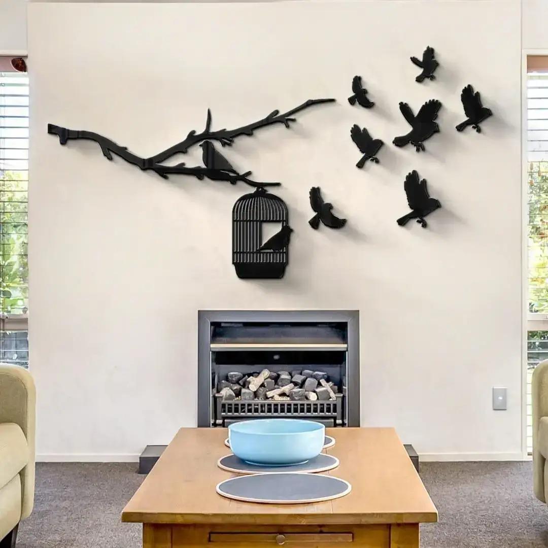 3D bird Wall Art Black MDF Modern Decor
