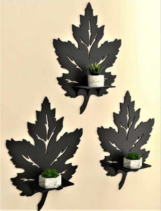 Black 3D Leaf Wall shelves Set of 4 MDF