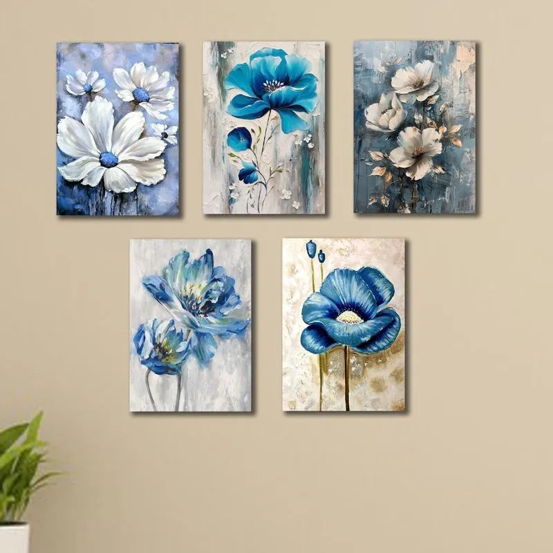 5 piece blue floral Wall Art Set For home decor