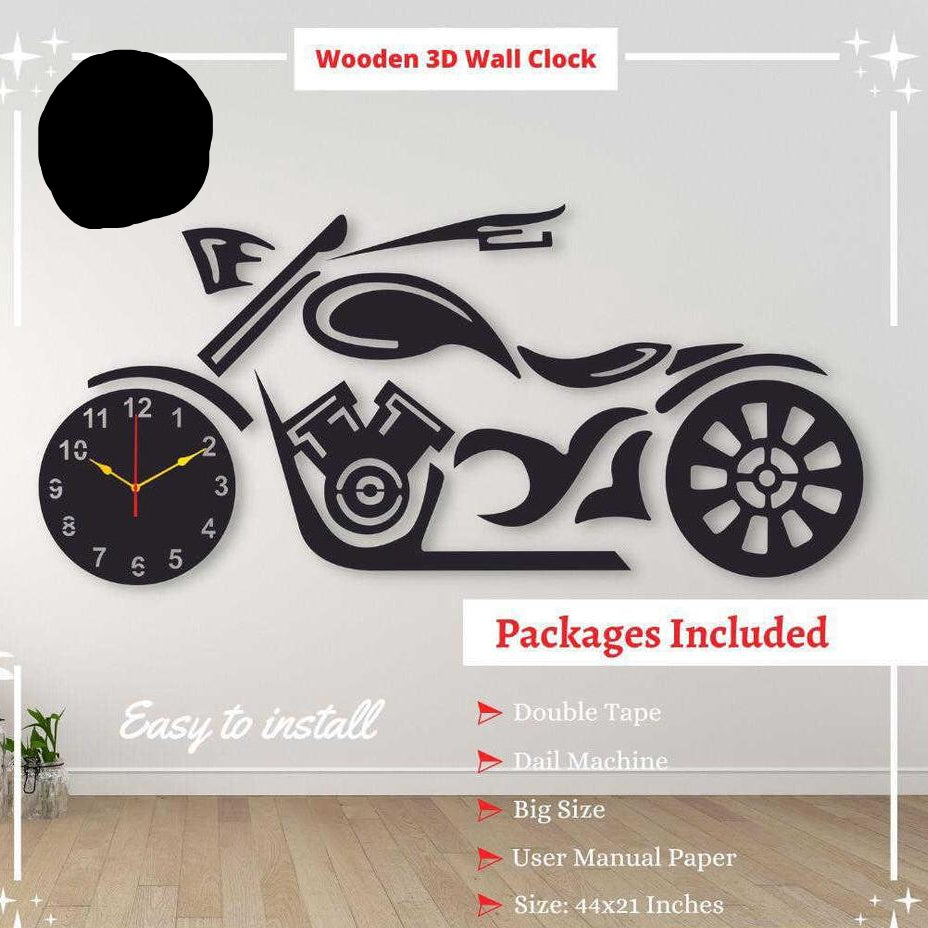 3D Motorcycle Wall Clock Black MDF  Large 44x21 inches