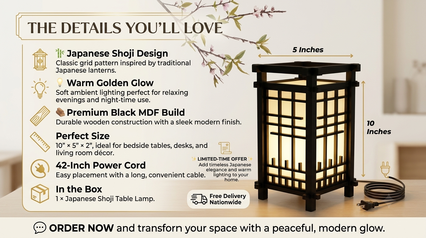 Minimalist Japanese Shoji Desk Lamp – Warm Gold Edition