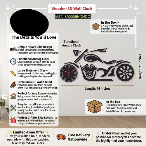 3D Motorcycle Wall Clock Black MDF  Large 44x21 inches