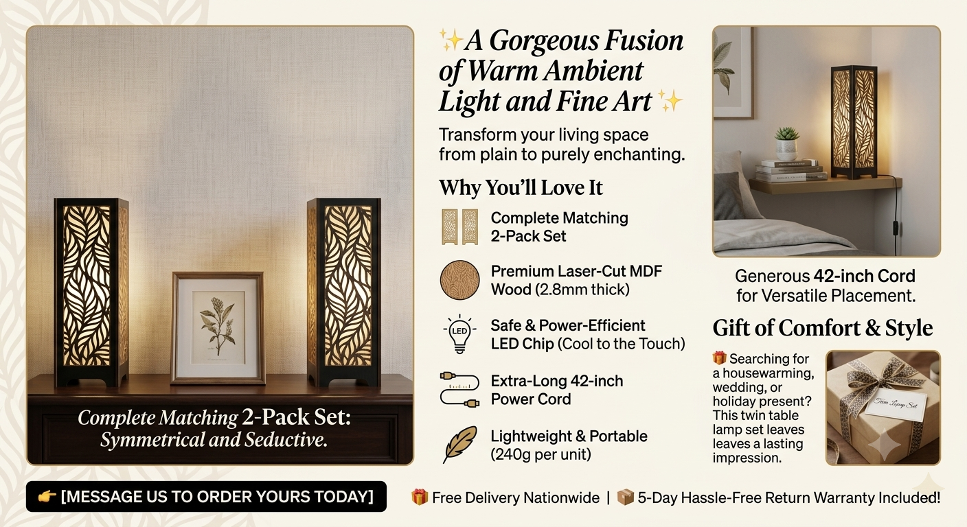 Leaf Design Wooden Table lamp Warm LED Set of Two