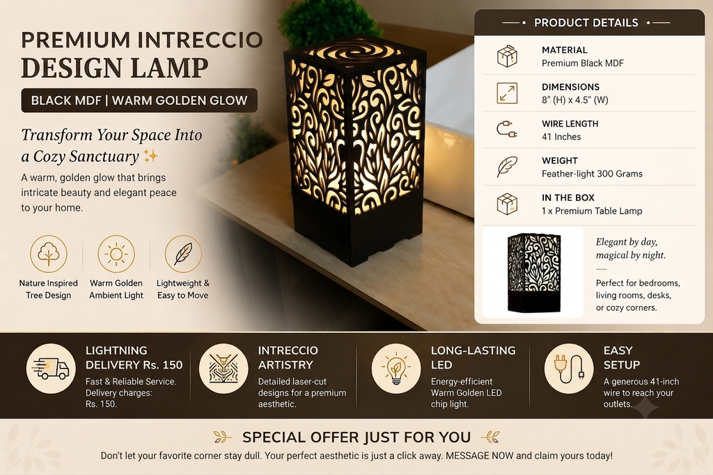Wooden side table Lamp with laser cut Floral design