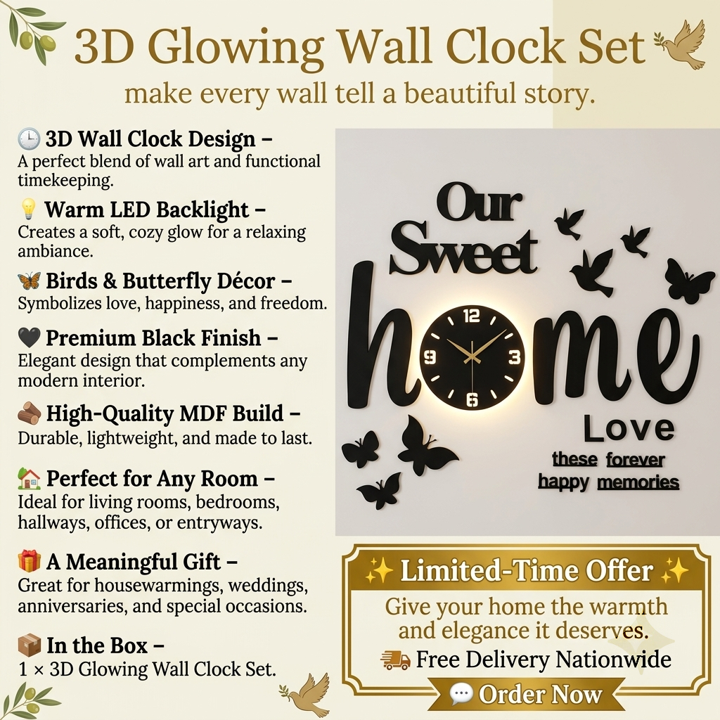 3D wall clock Glowing with birds and butterfly 🦋 🦋